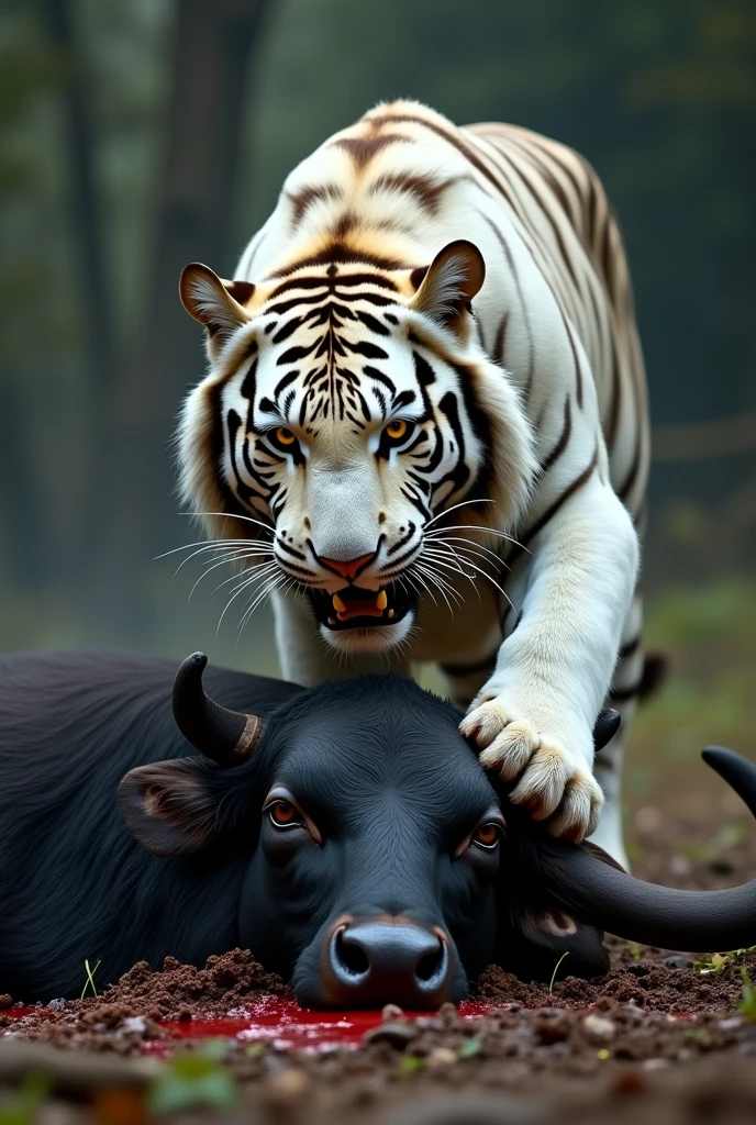 A dead black angus killd by white tiger 