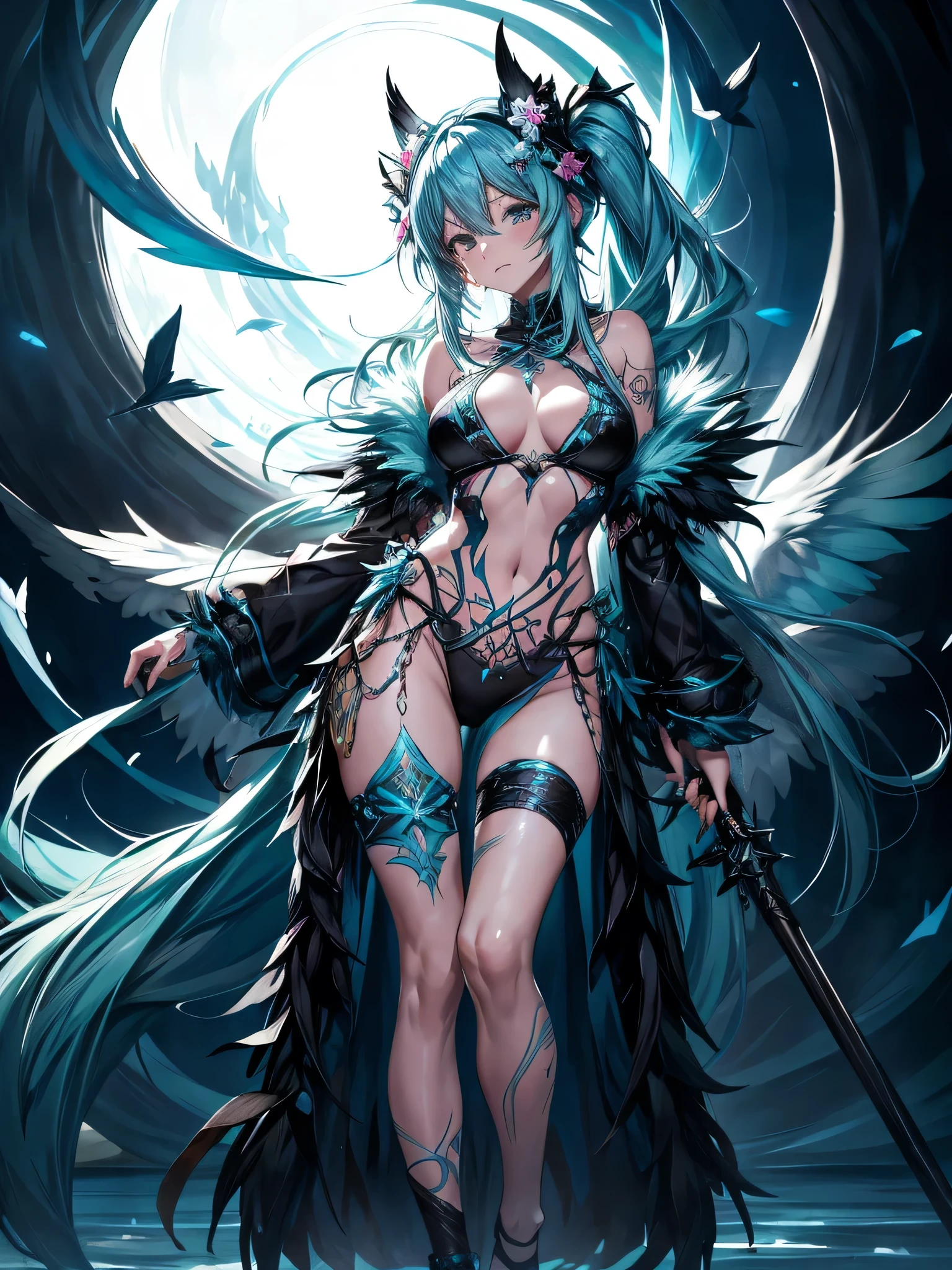 Miku Hatsune, add high definition_detail:1, blue fur,kitsune ears, tribal tattoo add_detail:1, in hell add_detail, barefoot, the same, giant black feather wings add_detail:1 ,alas hermosas la mejor calidad y detail en las flumas, blue saturation light