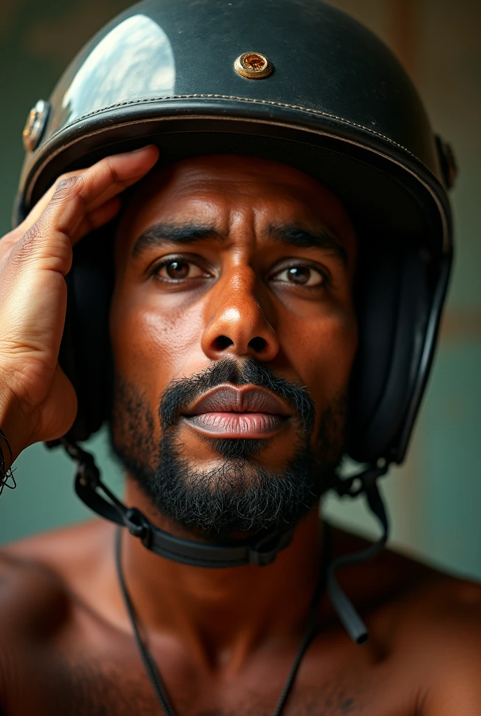 a man in india, 1 man, wearing a helmet upside down, godox lighting. Bite lower lips, portrait photography, high quality, photorealistic, detailed facial features, detailed eyes. One hand on forehead, detailed nose, detailed lips, detailed skin texture, dramatic lighting, cinematic atmosphere, dynamic pose, environmental details, vibrant colors, warm color tones, natural lighting, sharp focus, 8k, best quality, masterpiece