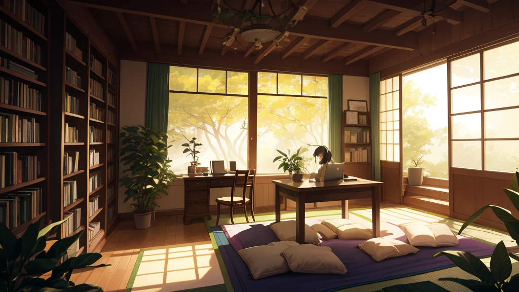 Create a tranquil scene perfect for a lo-fi music video. The setting is a japanese  in a cozy study nook in a quiet library. The space features a wooden desk cluttered with open books, a laptop, and a steaming cup of tea. Soft, warm light filters in through a nearby window, casting gentle shadows. An anime-style character sits at the desk, wearing headphones and deeply engrossed in their studies. The background includes shelves filled with books, some green plants for a touch of nature, and soft, ambient colors to evoke a sense of calm and relaxation. The overall atmosphere should be serene and inviting, ideal for a lo-fi music video.