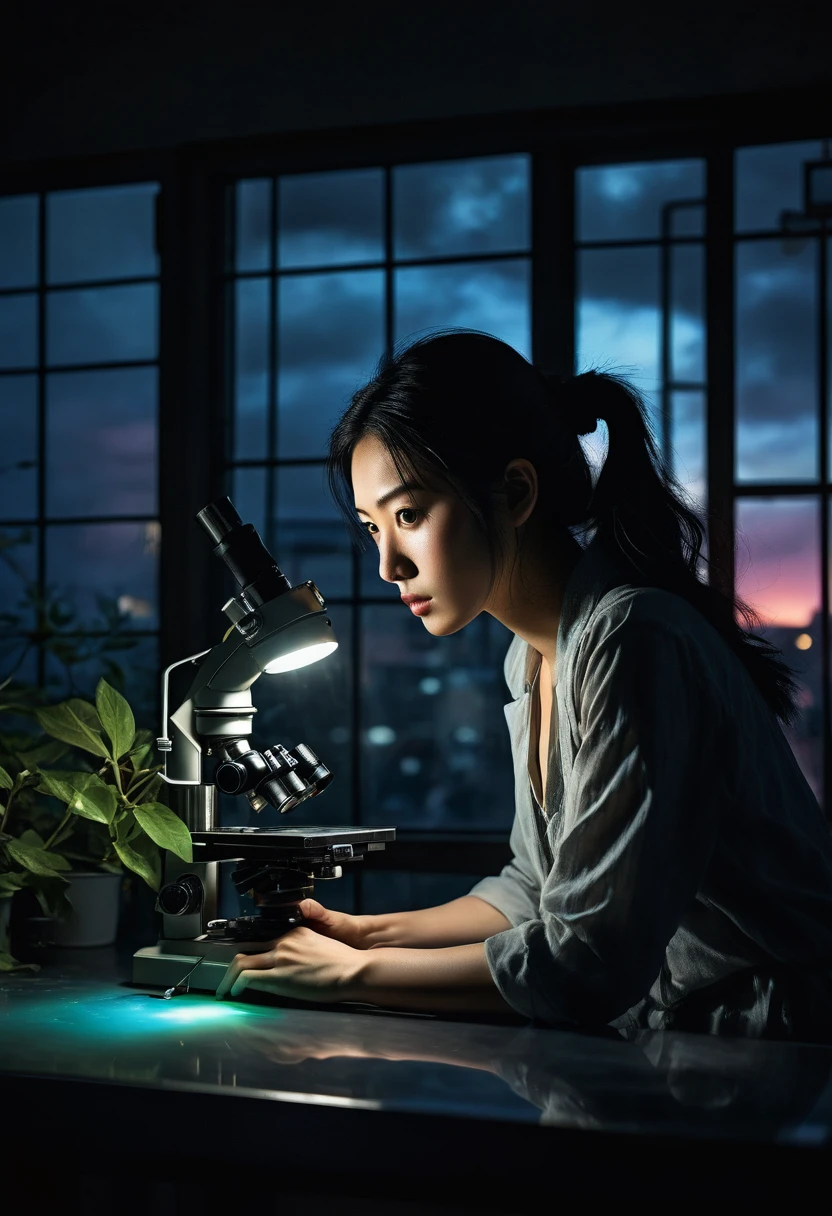 Beautiful botanical genius, Misaki Sato, 28, Japanese, long black hair in a messy bun, concentrated expression, in a dimly lit laboratory, peering through a microscope at a mysterious rainbow-colored clematis, moonlight through a large window casting long shadows, state-of-the-art lab equipment scattered on a steel table, background Glowing computer screen, clock shows 2:37 a.m., frosted glass door slightly ajar, silhouette of stranger seen through gap, tense air, clematis emitting faint bioluminescence, ultra-high definition, cinematic lighting, shallow depth of field, Suspense thriller atmosphere,  intricate detail, faded, highly detailed eye, highly detailed eye, 16k resolution, RAW, Nikon Z9, creative, masterpiece, fantasy, super detailed, high resolution, high quality, 8k, realistic, super detailed Dramatic Lighting, Soft Focus, Digital Illustration, Intricate Mechanics, Advanced Techniques, Dark Backgrounds, Cinematic, High Contrast, Moody, Strict, Atmospheric, (Top Quality, 4k, 8k, High Definition, Masterpiece: 1. 2), Ultra-Detailed, (Realistic, Graphic, Photorealistic: 1. 8) -- No glass --AR 16:9 --Stylize 1000
