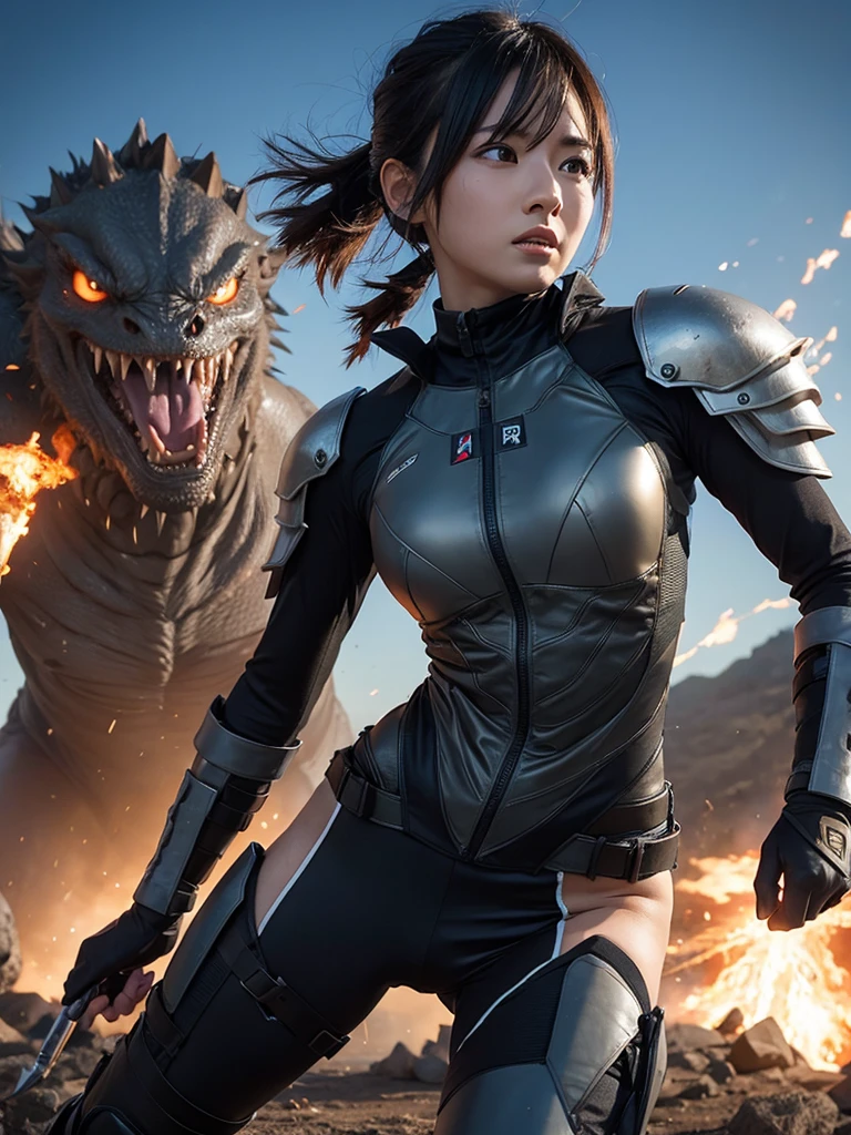 A woman in combat gear fighting monsters