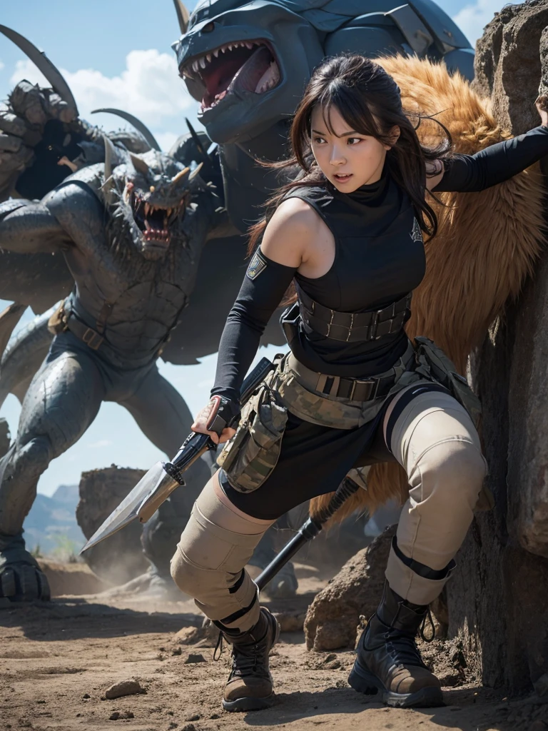 A woman in combat gear fighting monsters