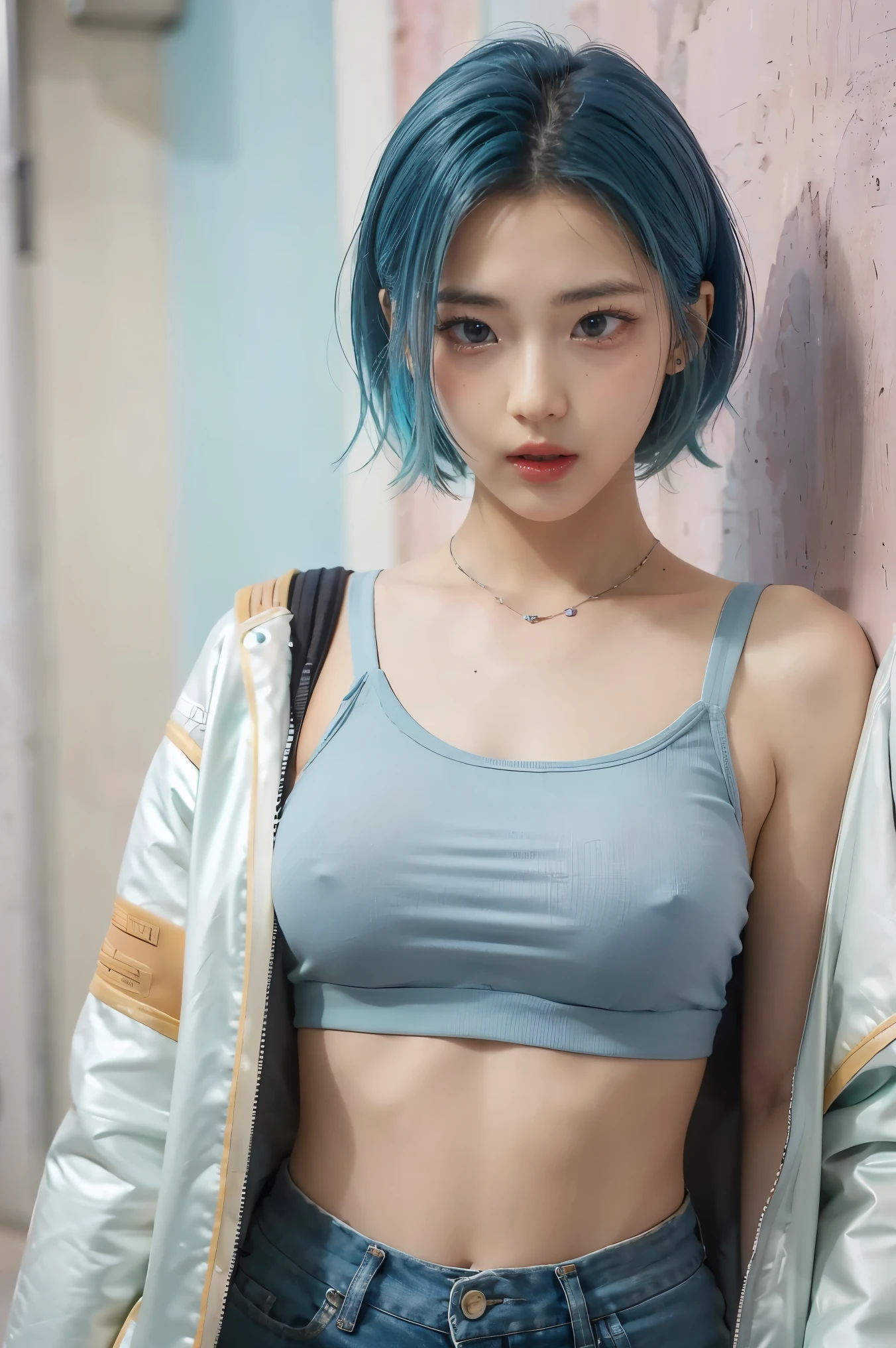 Female, 20 years old, white, blue eyes, Multi-colored hair color: yellow-blue-pink, (((A surprised face.))), ((perfect expression blue eyes)), Medium short haircut, Pair a pastel crop top with a cool printed jacket., Big breasts, Standing and taking kawaii photos, Colorful wall background, realistic shadows, Starring the camera, A colorful theme reminiscent of, eos 5D mark iv with 50mm lens, Ultra high resolution photography, 8K wallpaper, Soft edge light, ((Masterpiece, realistic, best quality, very detailed:1.2)), Pulling on the shirt, rift,