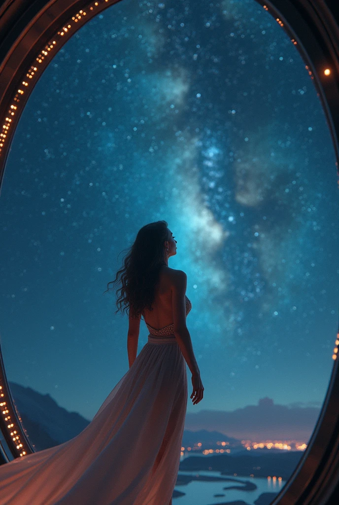  ((masterpiece, highest quality, Highest image quality, High resolution, photorealistic, Raw photo, 8K)), ((Extremely detailed CG unified 8k wallpaper)), (huge stunning goddess shot, very hot and sexy, jaw-dropping beauty, perfect proportions, beautiful body, slim body beauty:1.4), Midnight, looking up at the starry sky from the observation deck of a huge spaceship, the sky the ancient gods looked up to, the origins of mankind, seen from behind,