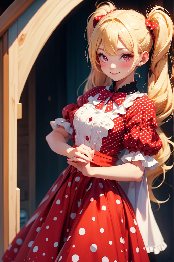 Blonde Twin tails Red Eyes beautiful girl Polka dot clothes cute smile Wink