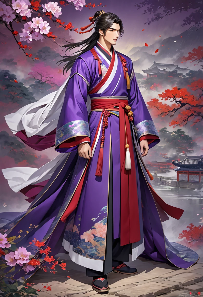 Romance of the Three Kingdoms Zhou Yu, handsome, Full body exposed, Clothes made of a coat, clothes made only of cloth, youth, Purple colored clothes