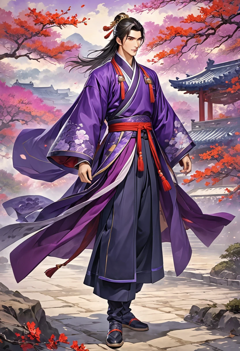 Romance of the Three Kingdoms Zhou Yu, handsome, Full body exposed, Clothes made of a coat, clothes made only of cloth, youth, Purple colored clothes