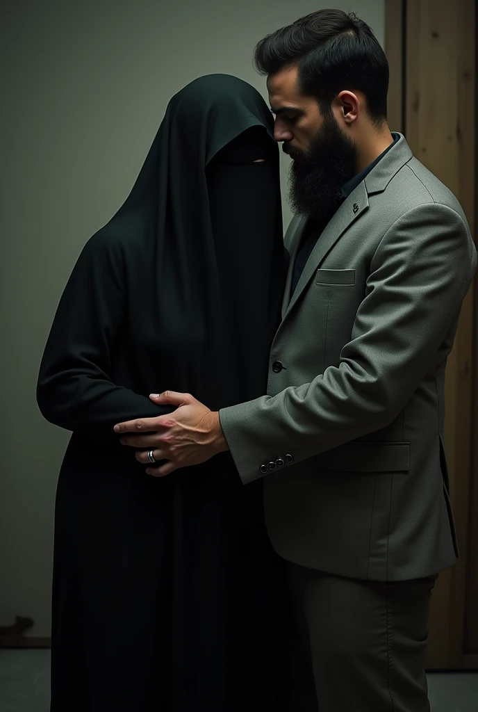 A Muslim guy with full beard taking off clothes of a girl with black burqa and niqab