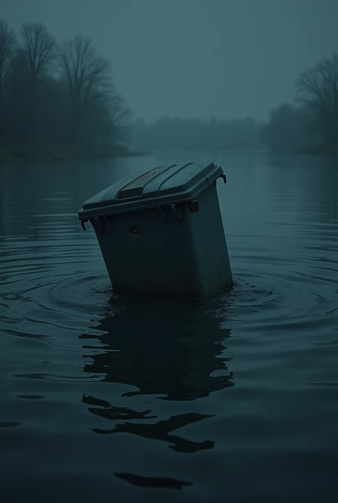 The grey Dustbin is sinking into a big river in the night