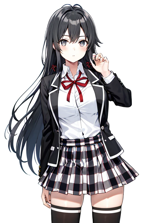 1 girl as yukino yukinoshita, absurdres,  highres, solo, school uniform, big breasts, waist long black hair, (twintails:0.5), miniskirt, black thighhigh socks, loose red ribbon, unbuttoned white shirt