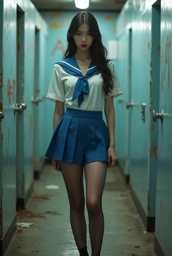 (A shabby and worn-out public restroom).Korean woman.korean beauty.Korean model.South Korean girl groups. She is wearing a school uniform, a short, tight blue skirt, and black fishnet stockings that reach her thighs..
(Big hearted).(full body shot).(front shot).realistic.G-cup chest.
The pelvis is a supermodel.