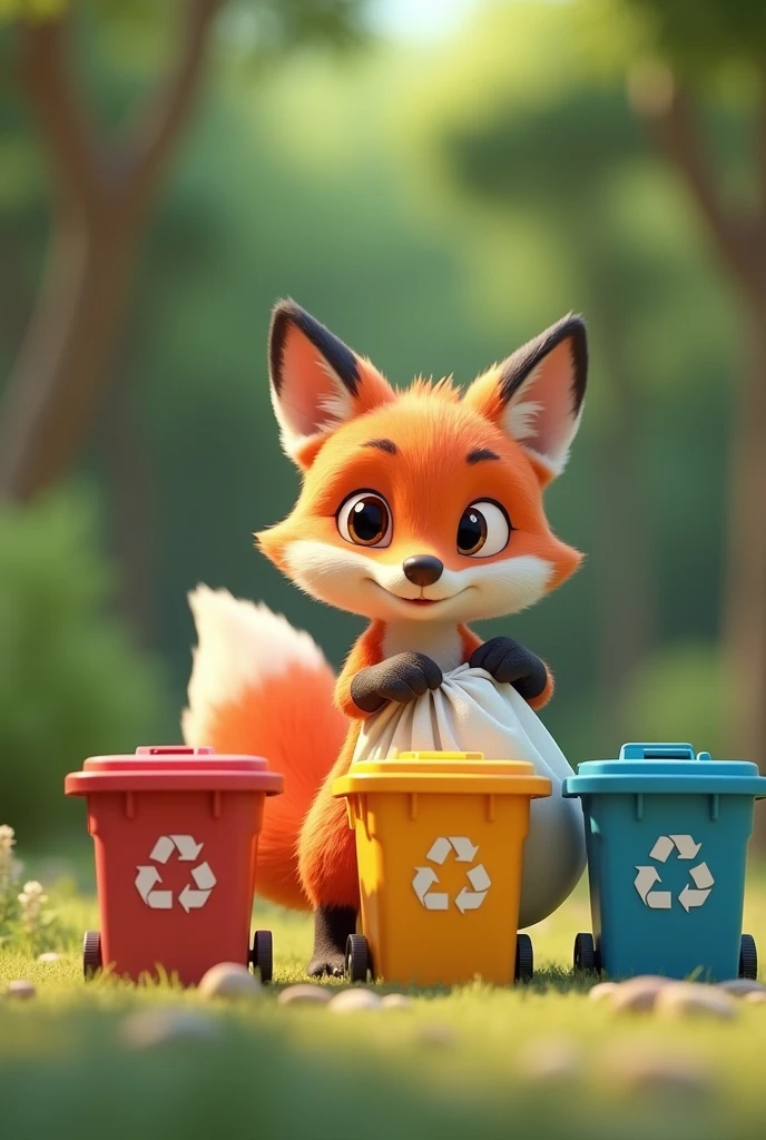 Fox throws trash,  has three sorting trash cans diffirent color  . And fox have a bag trash in hand . Fox is 3d and cute. And background have many trees