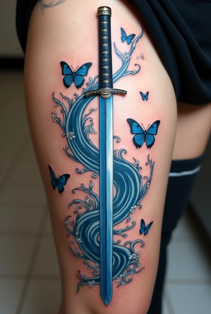 make me a tattoo of a blue katana with some water revolving around it and butterflies flying from the katana , for a girls thigh