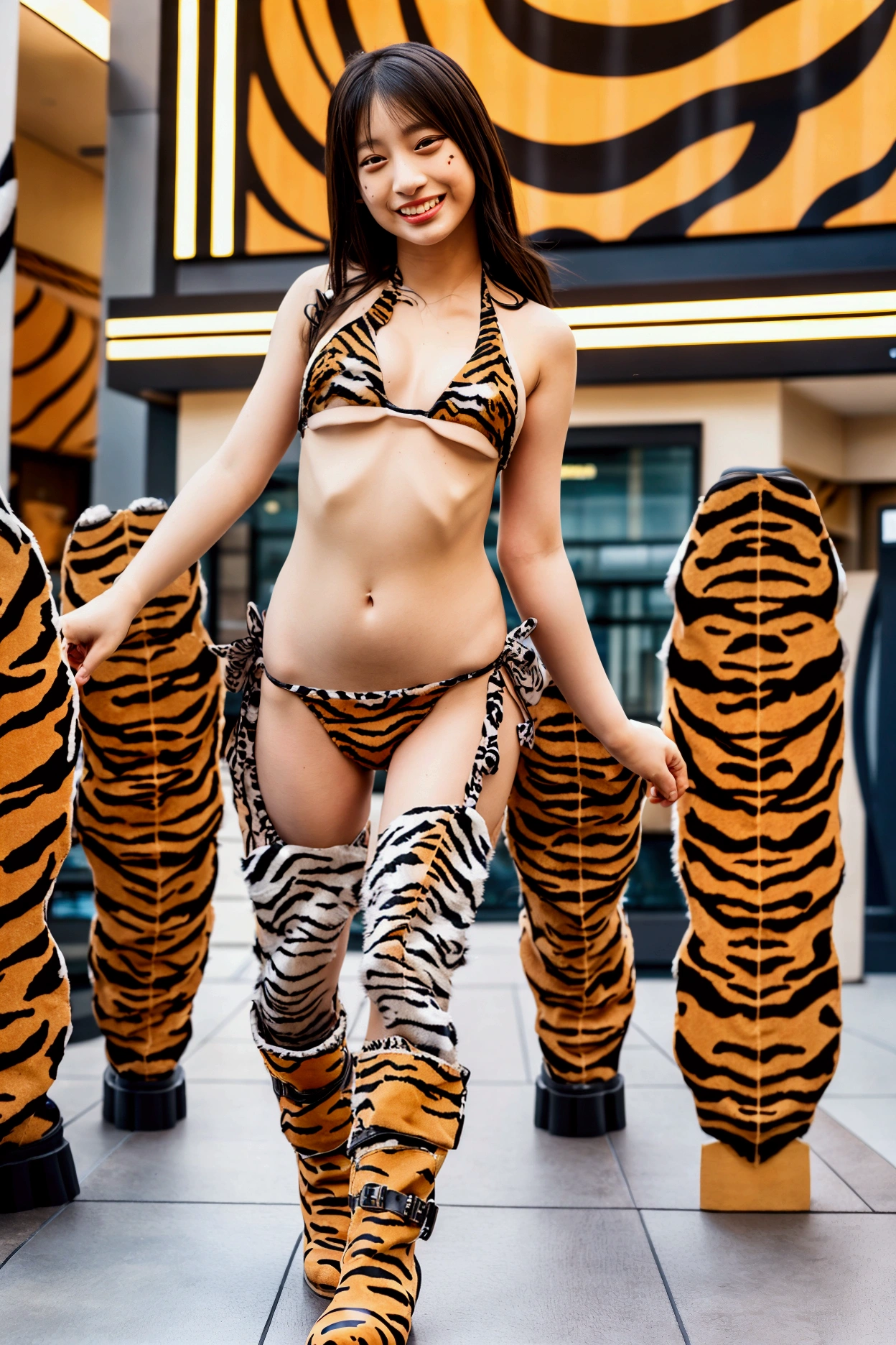(((An 1 girl with a very cute face, like a top Japanese idol)))、Smiling Kindly、(((Tiger print bikini and tiger print boots)))、((whole body))、Walking around a brand mall in the city、High level of artistry、Natural light、Highest quality
