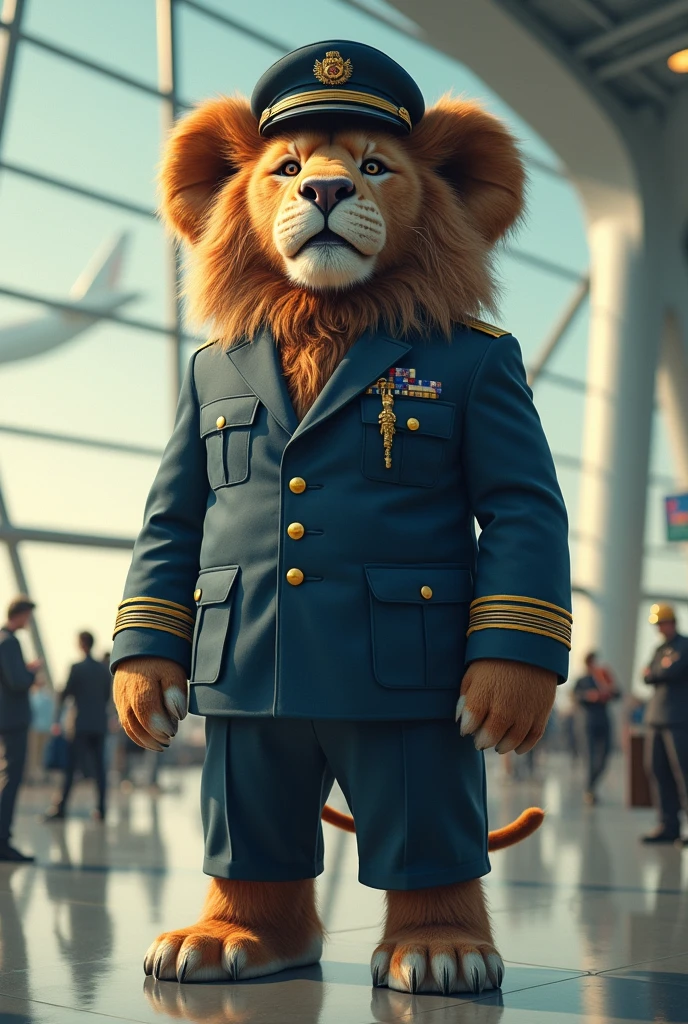 Lion as a elephant wearing a uniform of a pilot suit and trouser background airpot and a flight 