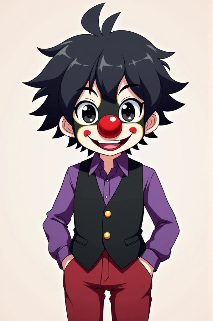 anime boy hair back black hair happy clown mask black eyes red round nose black vest and purple shirt