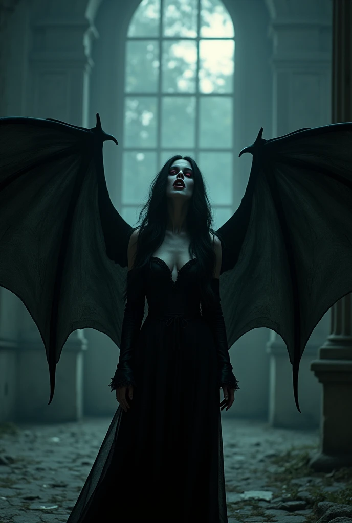 Vampire, female, long dark hair, pasty pale ghastly skin, red eyes, vampire fans, very long canine teeth becoming fangs, elegant flowing renaissance era black dress, Romanian, dark castle, nighttime, moonlight, dimly lit, horror, threatening to bite you, bearing her fangs, huge leathery bat wings, close, very close