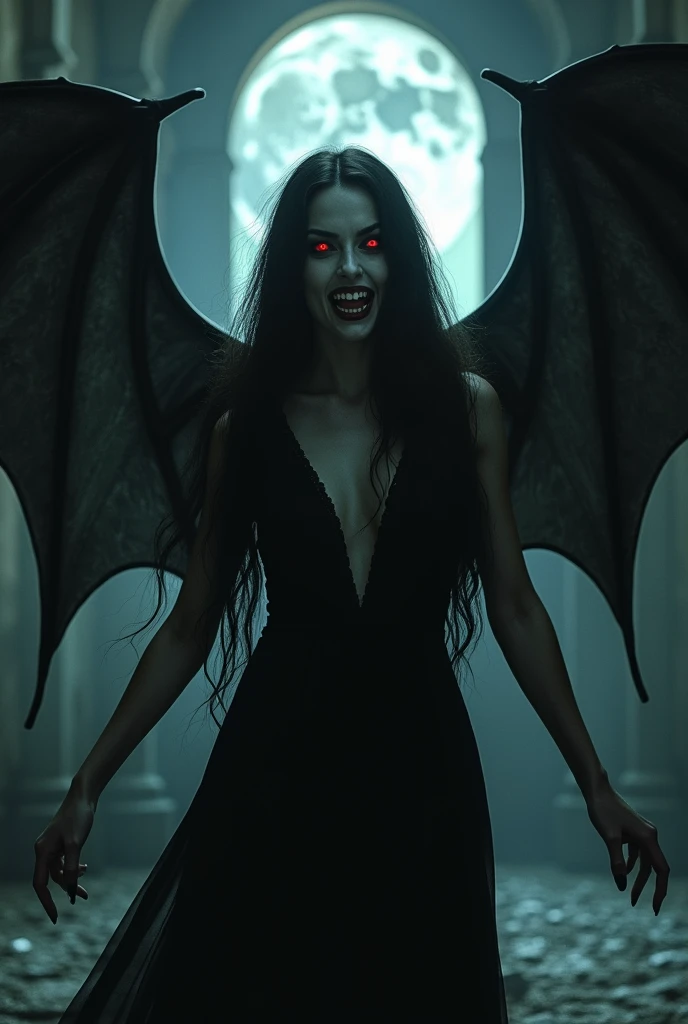 Vampire, female, long dark hair, pasty pale ghastly skin, red eyes, vampire fans, very long canine teeth becoming fangs, elegant flowing renaissance era black dress, Romanian, dark castle, nighttime, moonlight, dimly lit, horror, threatening to bite you, bearing her fangs, huge leathery bat wings, close, very close