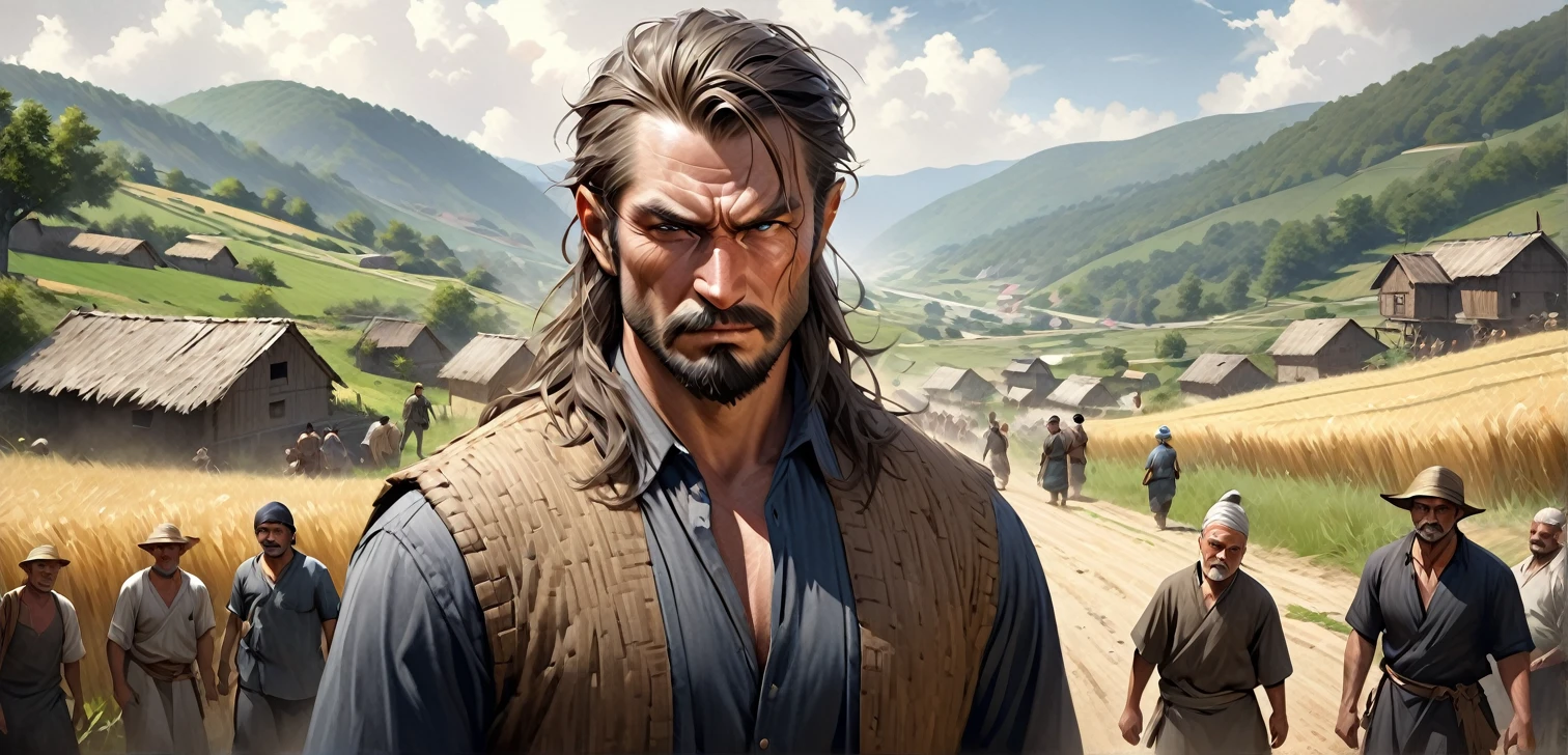 ((Ultra-realistic, tough villagers in a rural area)), Hilly,Abstract art,(((The most reliable man in history))), Fierce face, Stylish design, summer,