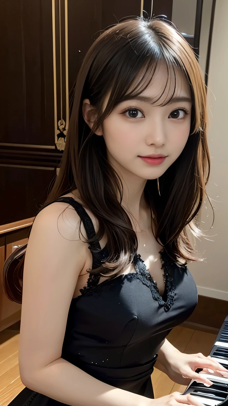 highres, ultra detailed, photorealistic, 1 beautiful japanese pianist, highly detailed beautiful face, medium hair, elegant dress, playing piano, stylish and luxurious room, full body