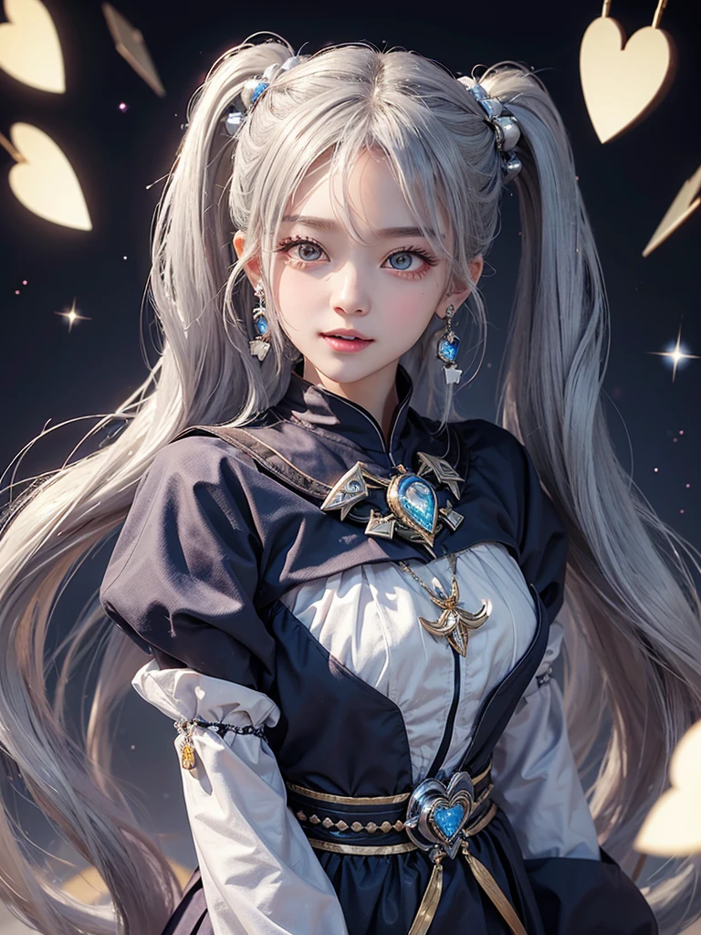 One girl, Twin tails, accessories, Earrings, accurate, chest, happiness/joy, Bright Eyes, Simple Background, Sparkle Effect, stereofuturism, 
fortune teller、Long Hair, ,Heart-shaped eyes, star、Gaze, Silver Hair, Wizard&#39;s Hat, 
