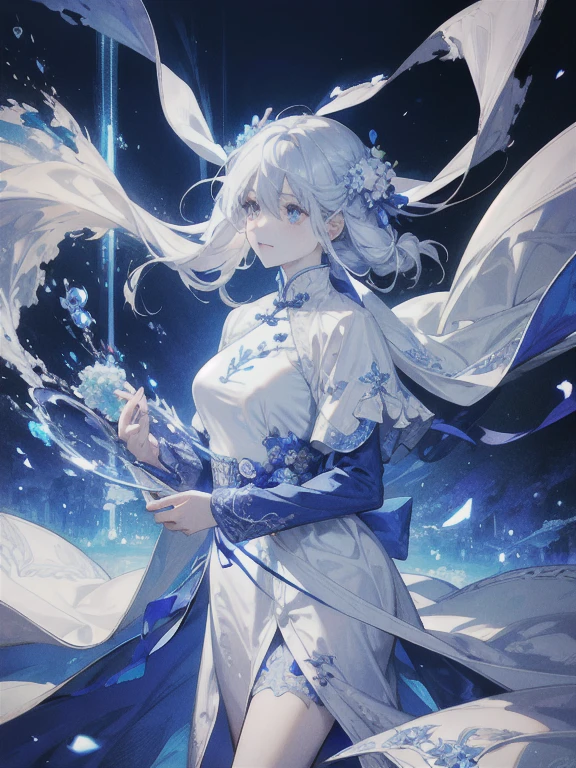beautiful、ephemeral、Silver Marble Skin、White wide dress、hope、Dynamic Cloud、Highest quality、Shine、goddess、photograph、Streetscape、whole body