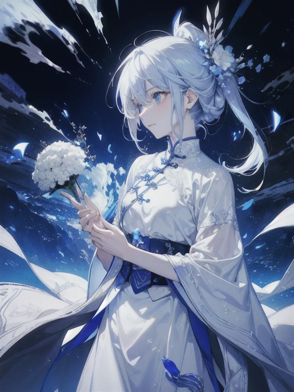 beautiful、ephemeral、Silver Marble Skin、White wide dress、hope、Dynamic Cloud、Highest quality、Shine、goddess、photograph、Streetscape、whole body