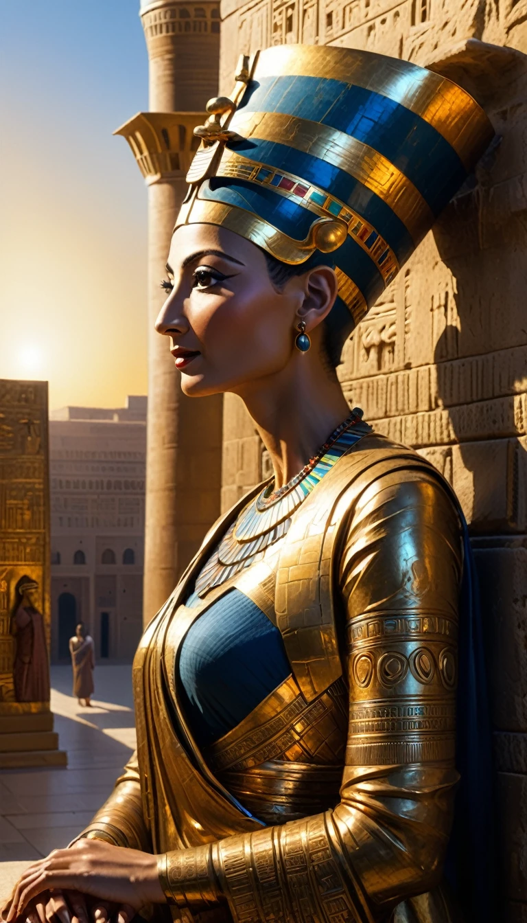 Imagine Queen Nefertiti standing on the grand balcony of her palace in the city of Akhetaten. The early morning sun bathes the scene in a golden glow, casting long shadows and illuminating the intricate carvings on the palace walls. Below, the city awakens with bustling activity, priests offering prayers to Aten, the sun disk, and citizens going about their daily lives.
