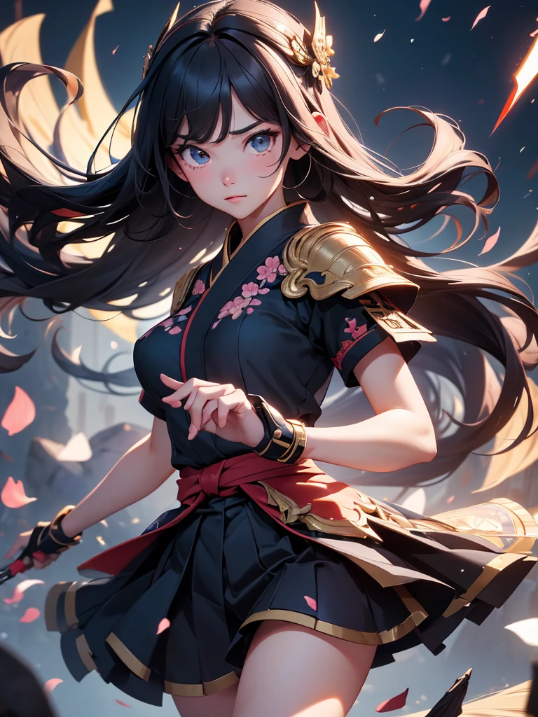 high resolution:1.7, incredibly absurdres, kawaii:1, cute:1.5, hires.fix, anime visual:1, incredibly fine illustration,8k,masterpiece:1.2,best quality, high quality, exquisite, beautiful, insanely detailed, intricate detailed, extremely detailed, Super Definition, ultra high res, Super Resolution, best aesthetic, ultra detailed:1.5, best quality, perfect face, detailed face, masterpiece:1.2, illustration:1.2, 8k cg wallpaper, stunning art, A dark-haired,samurais、femele、battleing,knifes 、Dynamic Pose, Dynamic Angle,Run on the battlefield
