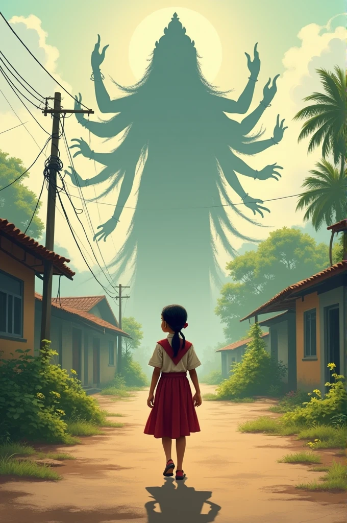 A Indian girl is walking home after school on the road and the shadow behind is Durga's ma