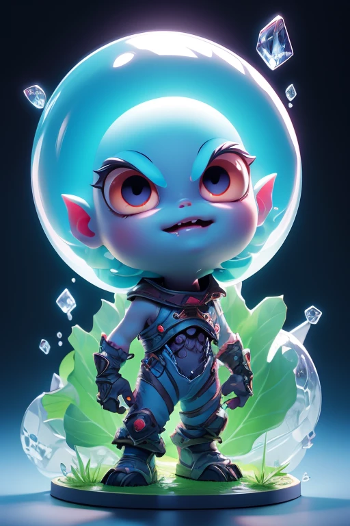 Create a monster image, a small, big-headed, baby monster.. The body is transparent and can be seen through. The image is sharp and detailed., with beautiful colors.. With arms, leg, eyes, mouth, พื้นหลังสีlegว