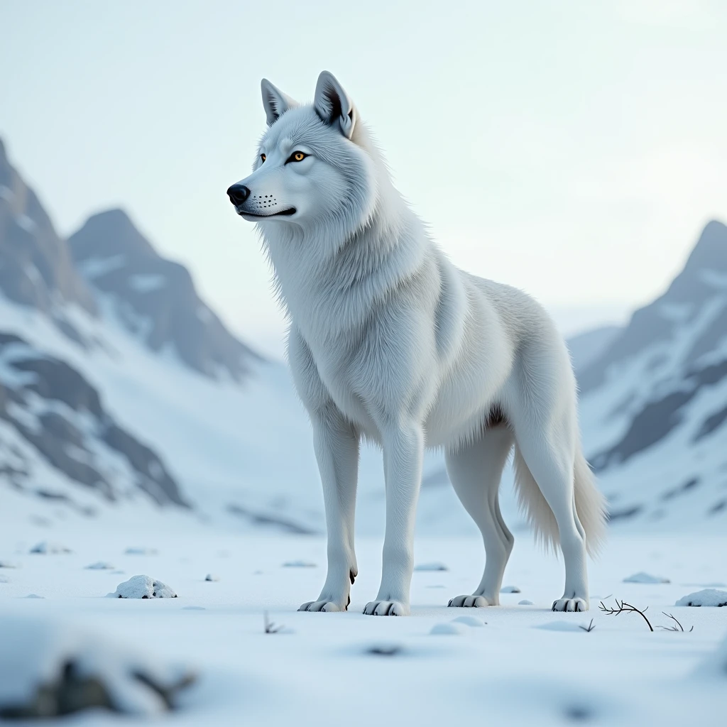 "Majestic white wolf standing in snow-covered landscape, Unleash an aura of beauty and power."