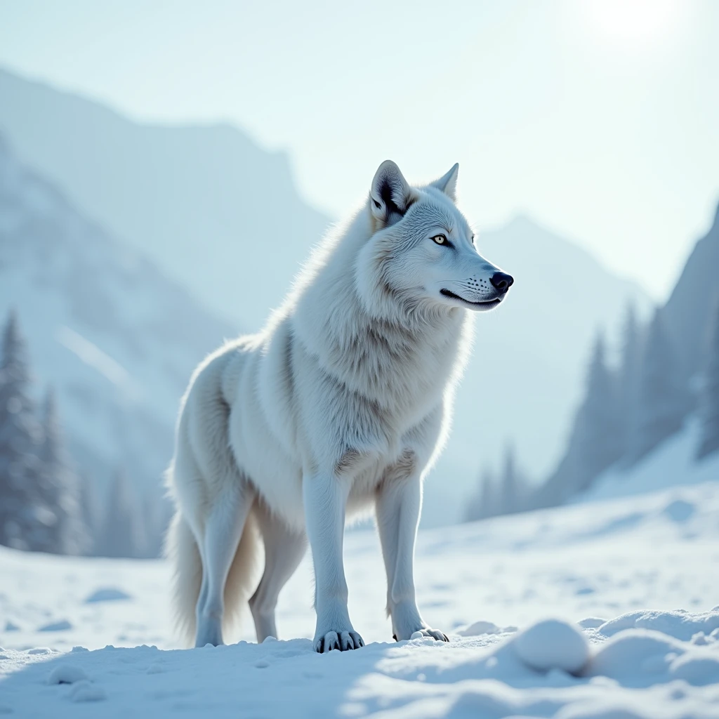 "Majestic white wolf standing in snow-covered landscape, Unleash an aura of beauty and power."