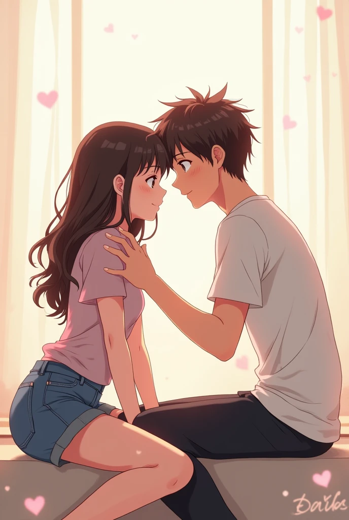 Anime couple putting hand on their shoulder one another and smiling  sitting and looking front