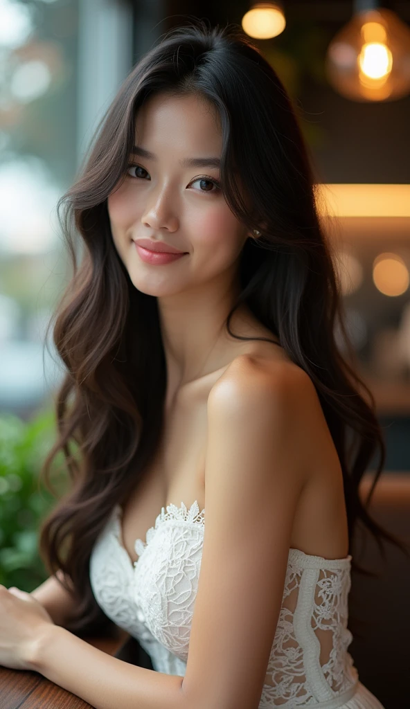 she sitting chair at coffeshop ,huge smile, side view, she is wear white lace strapless dress ,large breasti large boobs,g30 ,background modern coffeshop starbucks,at the sturbucks,  she is name ahu 20 years old (brunette) ,(tall woman),(long legs),single woman, chest 80 waist 60 hip 80 , G30, tall woman, she is wear black lace long socks and garter, sexy pose, ultrarealistic, , giving a sexy look, huge smiling , .RAW, Nikon Z 85mm, award-winning glamor photography, ((best quality)), ((masterpiece)), ((realistic)), (long brunette hair), hazel eyes,intricate details, highly detailed, sharp focus, professional, 4k, stunning hazel eyes, delicate, innocent, high resolution, detailed facial features, high detail, sharp focus, soft , aesthetic, extremely detailed, photo_\(ultra\), photorealistic, realistic, post-processing, maximum detail, real life, ultra-realistic, photorealism, photography, 8k uhd, photography, russian face,she is wear white lace strapless dress,NSWF, huge smile,cute