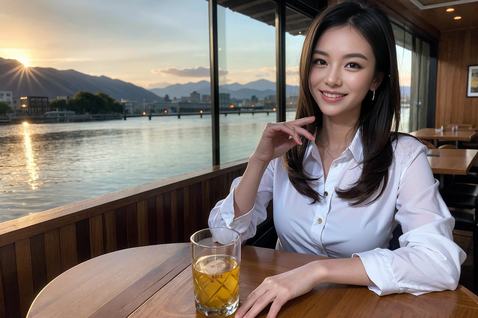 ((Highest quality、8k、masterpiece:1.3))、Whiskey bottles、The Macallan、Joni Black、Old Parr、whiskey、Suntory、Nikka、slimカップル、modelカップル、(Realistic, Intricate details:1.2), full-course dinner、Whiskey bottle and glass on the table、Single Malt、scotch、Rocks glass、Shot Glass、On the rock、Scotland、Amazing view of the sunset sky and clouds、A bright smile、The wonderfulness of smile、 Beautiful Face, blue eyes, The light shines on your face, blush, short hair,Bright Face、 (Age 37), 3,Two beauties、Brown Hair、Shortcuts、Long sleeve shirt、dress、Beautiful woman 1, (slimな顔), (The body is slim), (Brown Hair), (Shortcuts), cheeks turn a little red,Attractive beauty、restaurant, In a prominent place (From the waist up) Nova Frog Style, actress, model, Upper Body, White wine, slim, smile, (smile: 1.15), Beautiful fine grain, Depth f/2,saturation, High Contrast, Strong light and shadow,Moist Body:1.5、3D texture、Delicate eyes、Brown Hair、The hair is very shiny、