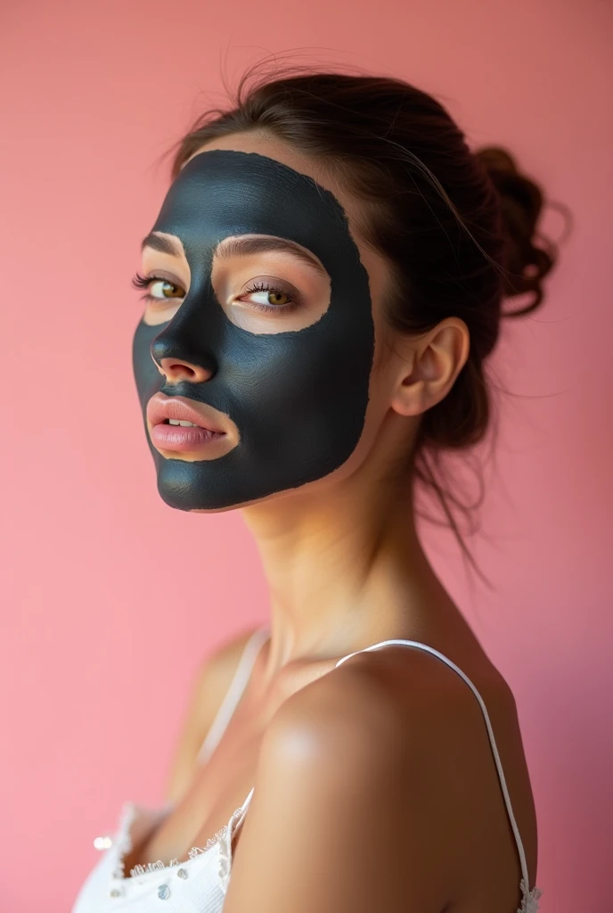 Creative and aesthetic Shoot  with pink or white background of female model with applied charcoal face mask. Use props in pictures