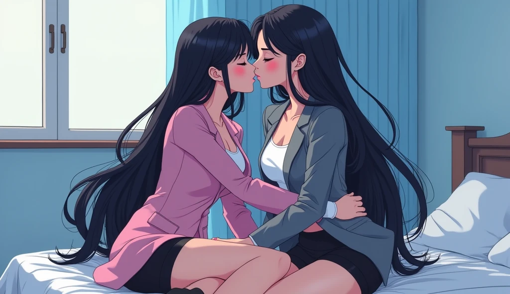 Two girls, long black hairs, yuri, lesbian.

The first girl wear a pink suit jacket, white shirt, black pencil skirt, black underpants, black tights, black socks.

The second girl wore a grey suit jacket, white shirt, black pencil skirt, black underpants, black tights, black socks.

french kiss, lesbian kiss, sex kiss, sensual body, lying on the bed, straddle, insert the one hand into the black underpants, insert the finger into pussy, closed eyes, light blue bedroom, novel cartoon, 4K, HD