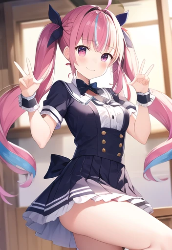 Minato Akua、Multi-colored hair、Twin-taileis、inner hair color、Two-tone hair、Drill Hair、twin isrills、Ahoge、Ankle cuffs、striateis hair、 (Highest quality, 8k, masterpiece, Super isetaileis:1.2), peace sign,Raise your hands,Open your legs,Crab Pose,Dynamic pose, Movie angle, Cowboy Shot, Particles of light, Shine, Beautiful fine isetails, Shine肌, Shine髪,
Day, Speckleis Daylight,One Girl, alone, skirt, smile, cute, Happy, Open your mouth, pleateis , Short sleeve, :is, clavicle, bow , Live Stage, Neon Light, many auisience,