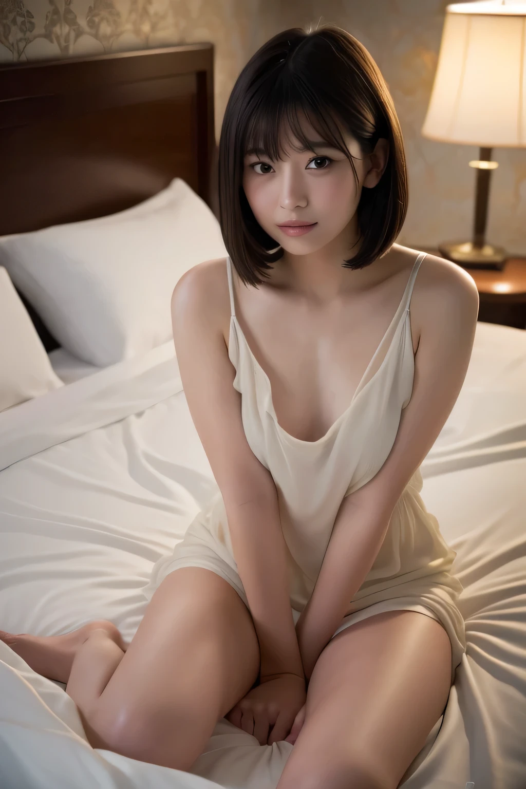(8k, RAW Photos, Highest quality, masterpiece: 1.4), (Realistic, photoRealistic: 1.4), Soft Light, Beautiful gradation, whole body、Knee Shot, 1 person, Japan, young woman, cute, (pupil, Light in your eyes), Beautiful face in every detail, Beautiful bob hair all the way to the ends:1.3, Black Hair, Natural skin texture, Middle chest, indoor, Hotel, wallpaper, Blurred Background, Wrapped in bed sheets, Lying in bed