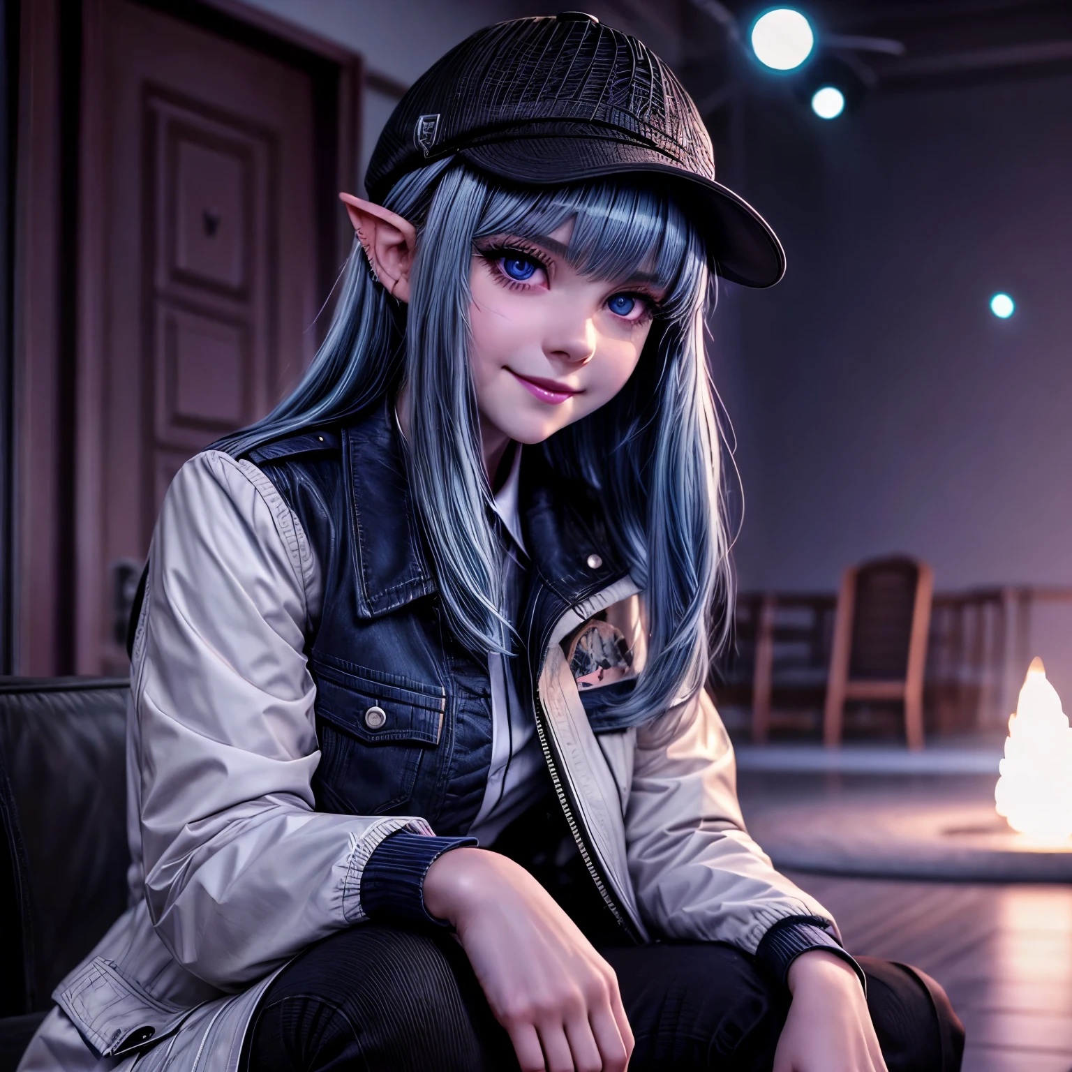 1girl, solo, long hair, looking at viewer, blush, smile, bangs, blue eyes, shirt, long sleeves, hat, hair between eyes, sitting, closed mouth, blue hair, jacket, collared shirt, virtual youtuber, uniform, black shirt, white headwear, white jacket, peaked cap, light particles, knees up
Negative Promp