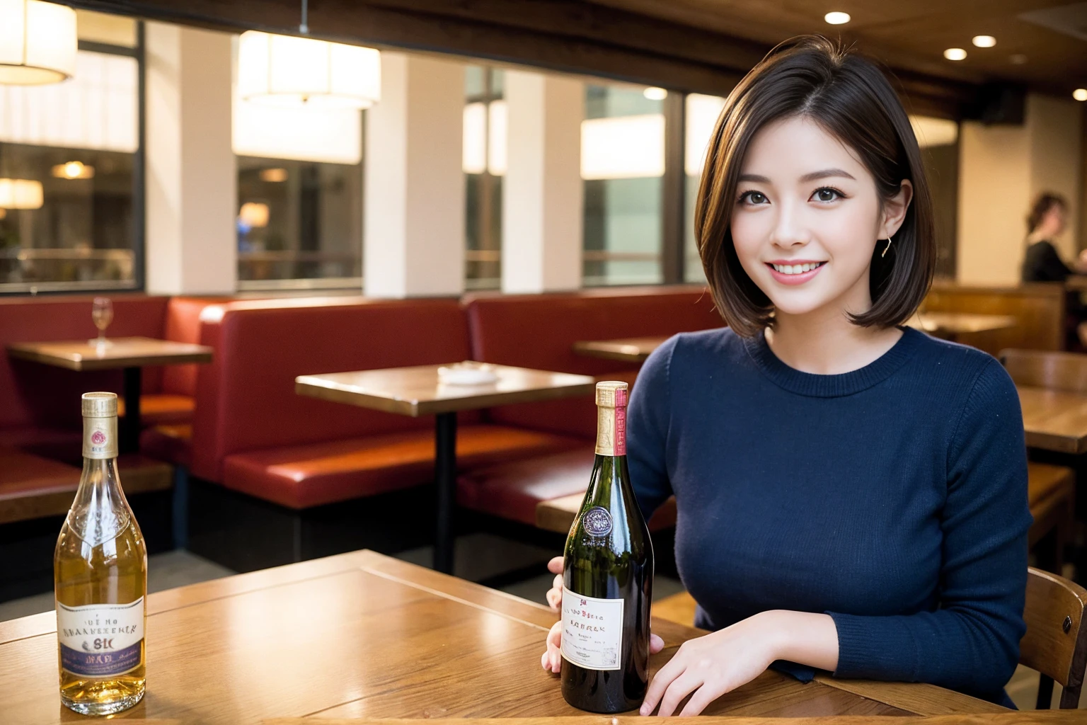 ((Highest quality、8k、masterpiece:1.3))、Whiskey bottles、whiskey、Joni Black、Old Parr、Suntory、Nikka、Whiskey lover、Bourbon、scotch、slimカップル、modelカップル、(Realistic, Intricate details:1.2), full-course dinner、Whiskey bottle and glass on the table、Single Malt、scotch、Rocks glass、Shot Glass、On the rock、Scotland、Amazing view of the sunset sky and clouds、A bright smile、The wonderfulness of smile、 Beautiful Face, blue eyes, The light shines on your face, blush, short hair,Bright Face、 (Age 37), 3,Two beauties、Brown Hair、Shortcuts、Long sleeve shirt、dress、Beautiful woman 1, (slimな顔), (The body is slim), (Brown Hair), (Shortcuts), cheeks turn a little red,Attractive beauty、restaurant, In a prominent place (From the waist up) Nova Frog Style, actress, model, Upper Body, White wine, slim, smile, (smile: 1.15), Beautiful fine grain, Depth f/2,saturation, High Contrast, Strong light and shadow,Moist Body:1.5、3D texture、Delicate eyes、Brown Hair、The hair is very shiny、