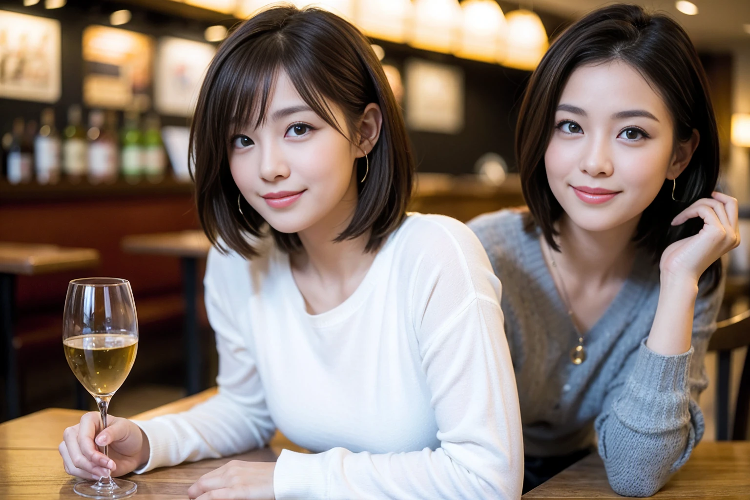 ((Highest quality、8k、masterpiece:1.3))、Whiskey bottles、whiskey、Joni Black、Old Parr、Suntory、Nikka、Whiskey lover、Bourbon、scotch、slimカップル、modelカップル、(Realistic, Intricate details:1.2), full-course dinner、Whiskey bottle and glass on the table、Single Malt、scotch、Rocks glass、Shot Glass、On the rock、Scotland、Amazing view of the sunset sky and clouds、A bright smile、The wonderfulness of smile、 Beautiful Face, blue eyes, The light shines on your face, blush, short hair,Bright Face、 (Age 37), 3,Two beauties、Brown Hair、Shortcuts、Long sleeve shirt、dress、Beautiful woman 1, (slimな顔), (The body is slim), (Brown Hair), (Shortcuts), cheeks turn a little red,Attractive beauty、restaurant, In a prominent place (From the waist up) Nova Frog Style, actress, model, Upper Body, White wine, slim, smile, (smile: 1.15), Beautiful fine grain, Depth f/2,saturation, High Contrast, Strong light and shadow,Moist Body:1.5、3D texture、Delicate eyes、Brown Hair、The hair is very shiny、