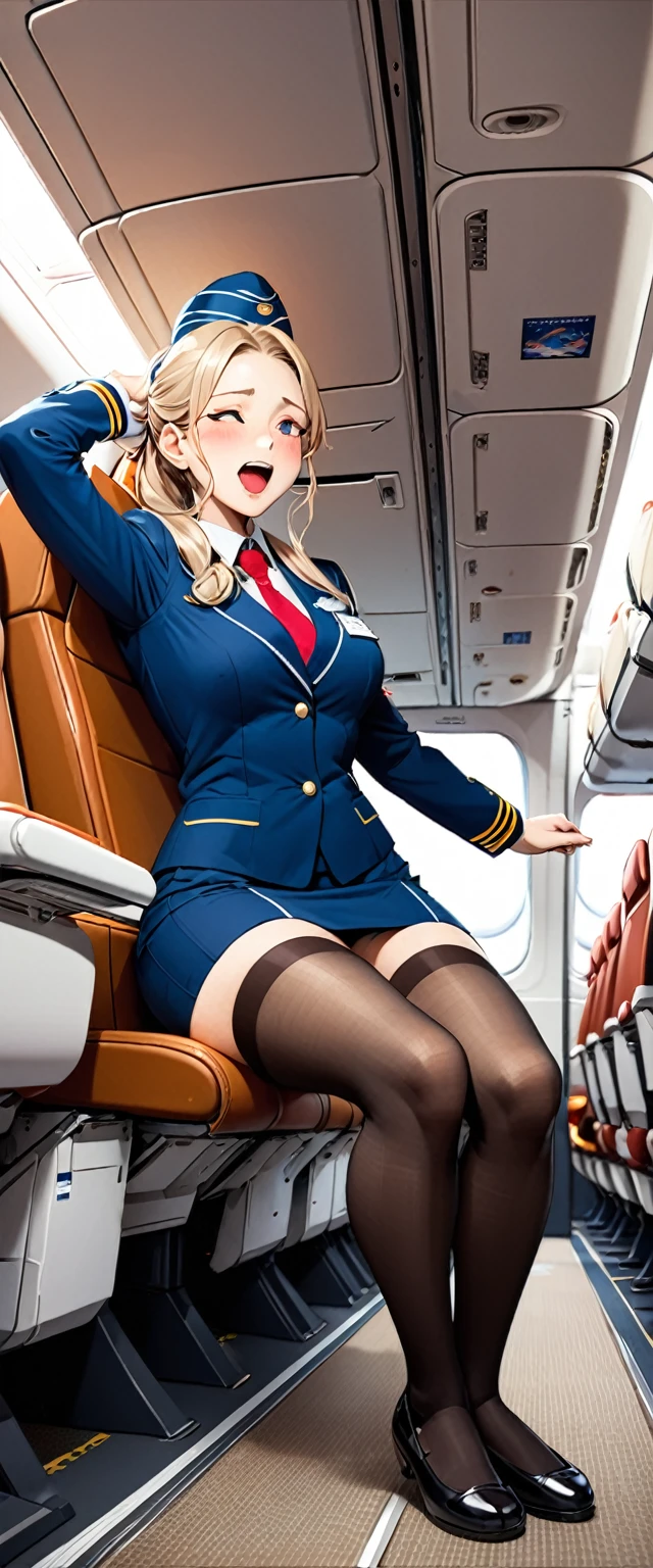 (((Flight attendant winter uniform))), The highest dignity, charisma, Ultra detailed face, Japanese, Droopy eyes, ((sleepy)), Old-fashioned beauty, Put your hair up, Thigh-high stockings, Nameplate, ID card, (whole body), Hit your groin on the edge of a chair, Leg spread, Lift your legs, Showing panties and pubic hair, Open your mouth, Airplane interior background, customer,