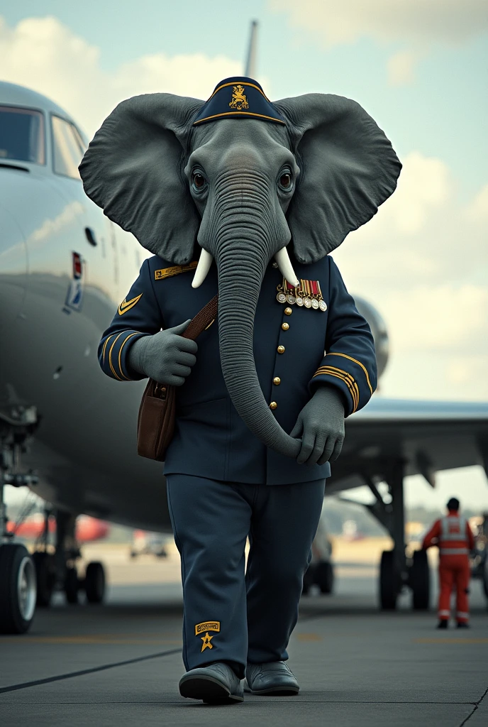 Elephant as pilot wearing a uniform of a pilot suit and trouser background airpot and a flight 
