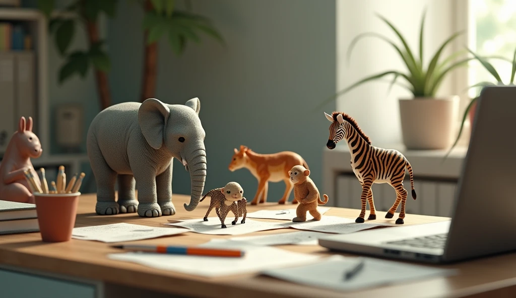Create an image of an office desk with a realistic setup, including a laptop, mouse, smartphone, writing tools, and scattered sheets of paper. Among these everyday items, place incredibly small, lifelike animals, such as an elephant, tiger, monkey, zebra, and giraffe. The animals should real and appear as if they are naturally interacting with the office supplies, creating a whimsical yet realistic contrast between the tiny creatures and the typical desk environment.