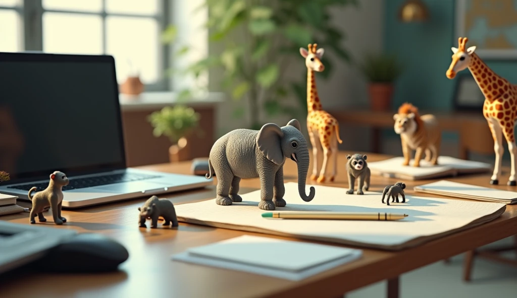 Create an image of an office desk with a realistic setup, including a laptop, mouse, smartphone, writing tools, and scattered sheets of paper. Among these everyday items, place incredibly small, lifelike animals, such as an elephant, tiger, monkey, zebra, and giraffe. The animals should real and appear as if they are naturally interacting with the office supplies, creating a whimsical yet realistic contrast between the tiny creatures and the typical desk environment.