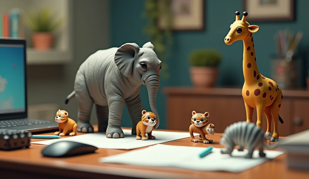 Create an image of an office desk with a realistic setup, including a laptop, mouse, smartphone, writing tools, and scattered sheets of paper. Among these everyday items, place incredibly small, lifelike animals, such as an elephant, tiger, monkey, zebra, and giraffe. The animals should real and appear as if they are naturally interacting with the office supplies, creating a whimsical yet realistic contrast between the tiny creatures and the typical desk environment.