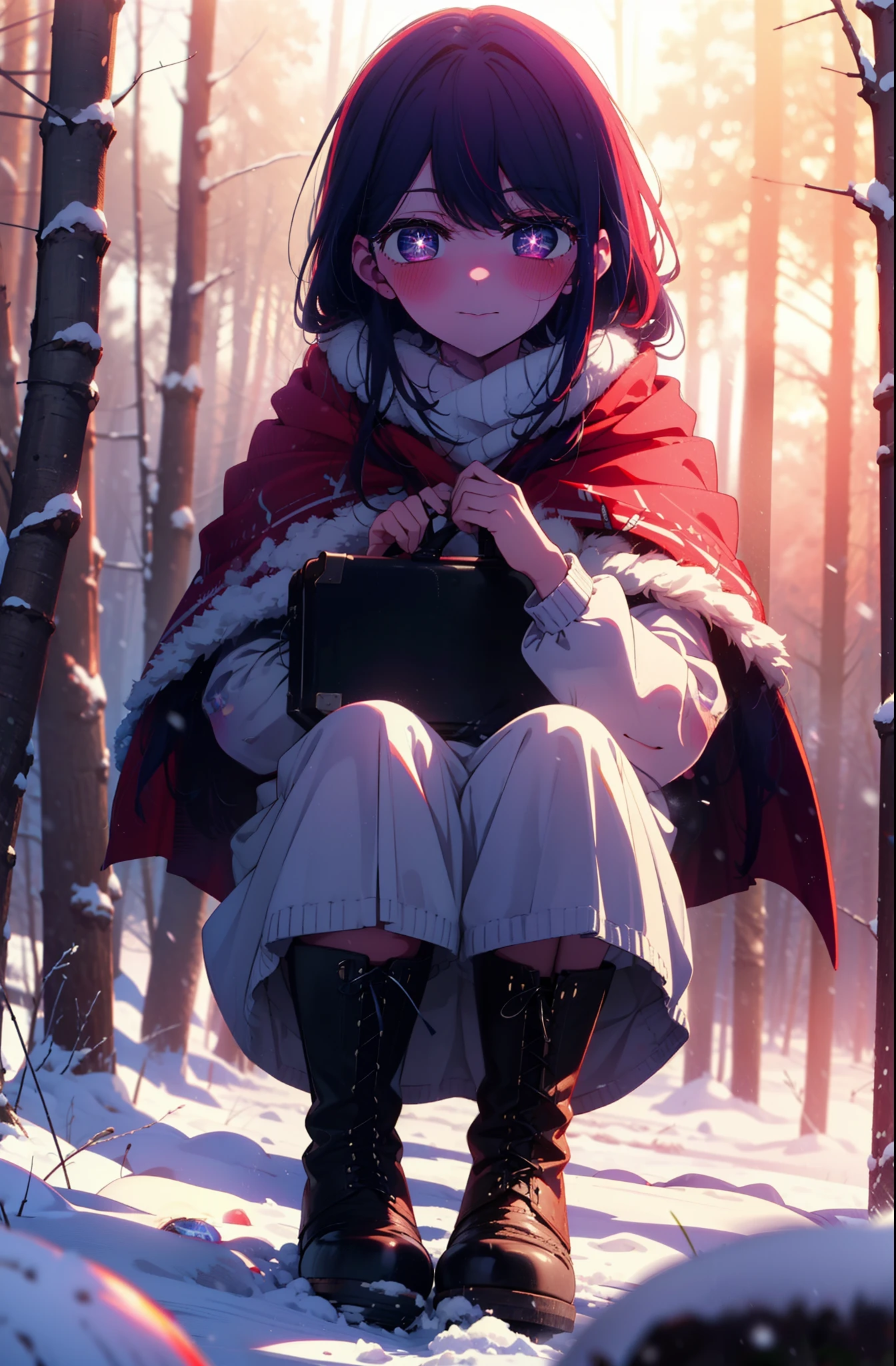 aihoshino, Ai Hoshino, Long Hair, bangs, (Purple eyes:1.1), Purple Hair, (Symbol-shaped pupil:1.5), smile,,smile,blush,white breath,
Open your mouth,snow,Ground bonfire, Outdoor, boots, snowing, From the side, wood, suitcase, Cape, Blurred, , forest, White handbag, nature,  Squat, Mouth closed, Cape, winter, Written boundary depth, Black shoes, red Cape break looking at viewer, Upper Body, whole body, break Outdoor, forest, nature, break (masterpiece:1.2), Highest quality, High resolution, unity 8k wallpaper, (shape:0.8), (Beautiful and beautiful eyes:1.6), Highly detailed face, Perfect lighting, Highly detailed CG, (Perfect hands, Perfect Anatomy),